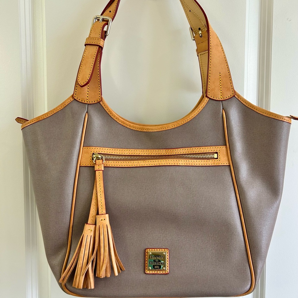Dooney & Bourke Gray and Tan Saffiano Leather Hobo Bag